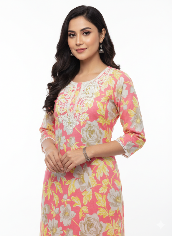 Women’s Women’s Cotton Blend Printed Kurthi with Round Neck & 3/4 Sleeves – Below Knee Length - Yellow - F145