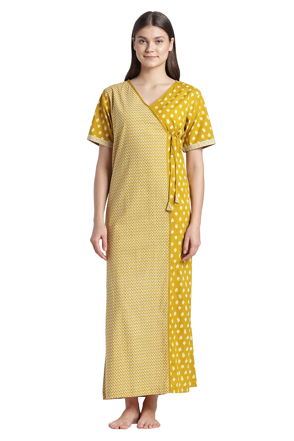 Naidu Hall Women’s Printed Cotton Angarakha Nighty | V-Neck Wrap Style Night Dress with Tie-Up | Short Sleeve Daily Wear, Sleepwear & Loungewear
- NB51