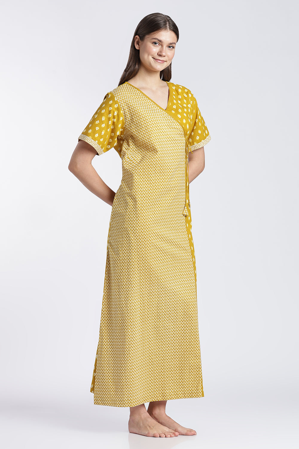 Naidu Hall Women’s Printed Cotton Angarakha Nighty | V-Neck Wrap Style Night Dress with Tie-Up | Short Sleeve Daily Wear, Sleepwear & Loungewear
- NB51
