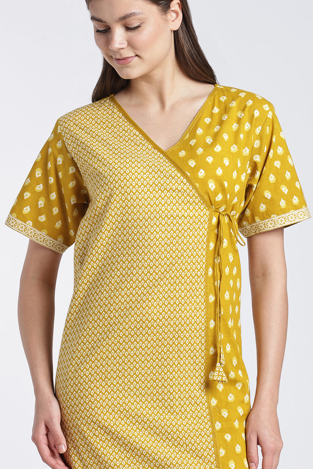 Naidu Hall Women’s Printed Cotton Angarakha Nighty | V-Neck Wrap Style Night Dress with Tie-Up | Short Sleeve Daily Wear, Sleepwear & Loungewear
- NB51