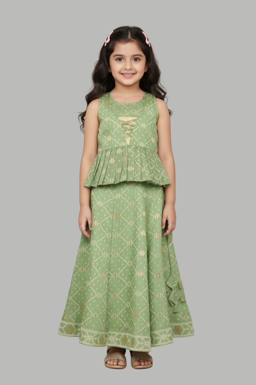 Chittythalli Girls’ Ethnic Pavadai Set – Chanderi Jamdani Peplum Top with Criss-Cross Cording & Kali Skirt | Traditional Festive Wear for Girls - PS91