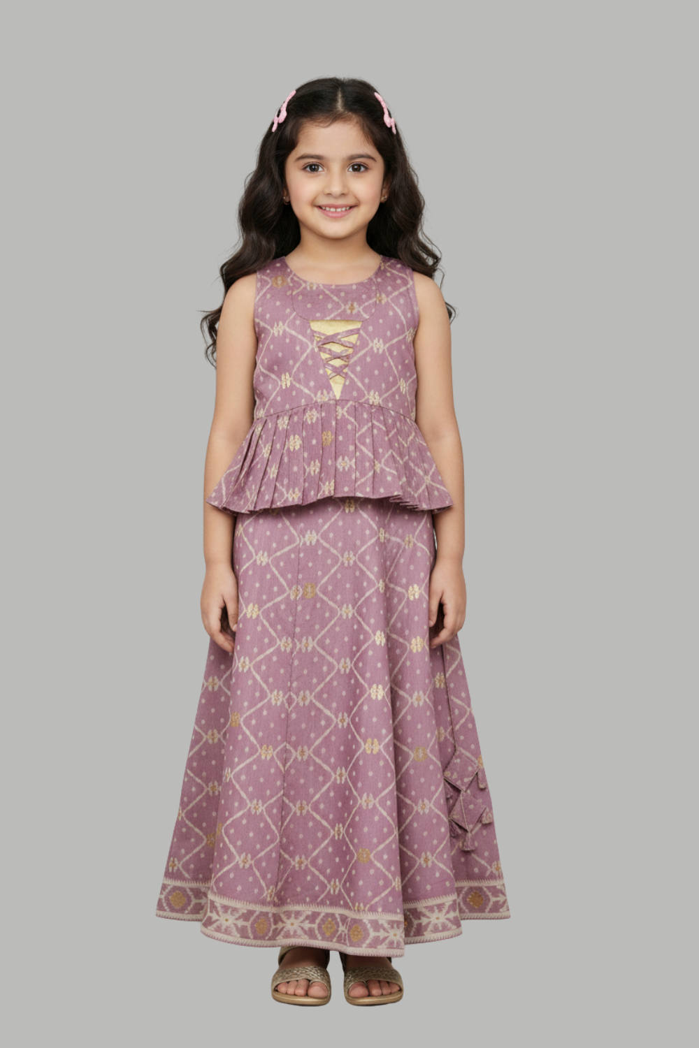 Chittythalli Girls’ Ethnic Pavadai Set – Chanderi Jamdani Peplum Top with Criss-Cross Cording & Kali Skirt | Traditional Festive Wear for Girls - PS91