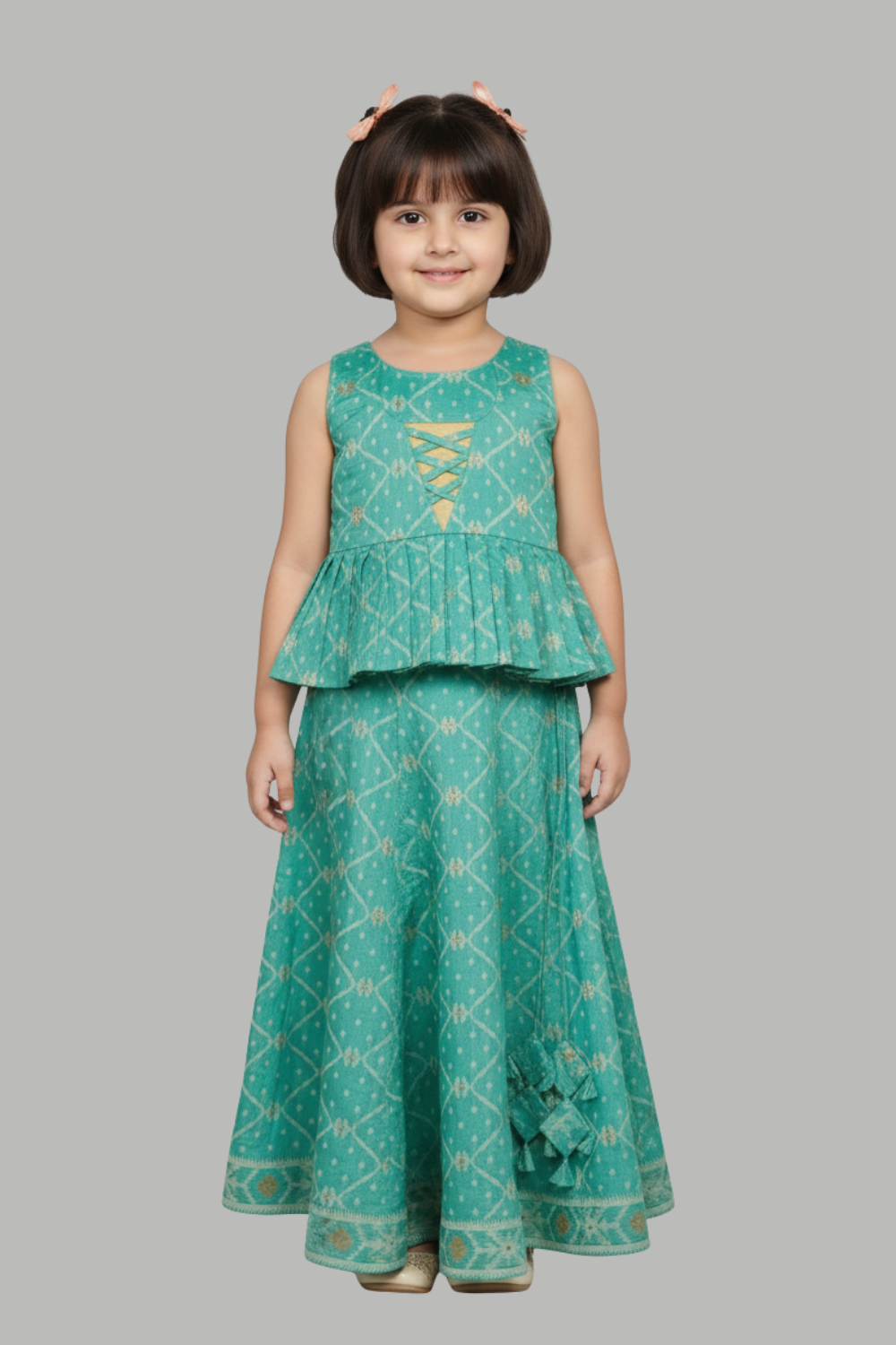 Chittythalli Girls’ Ethnic Pavadai Set – Chanderi Jamdani Peplum Top with Criss-Cross Cording & Kali Skirt | Traditional Festive Wear for Girls - PS91