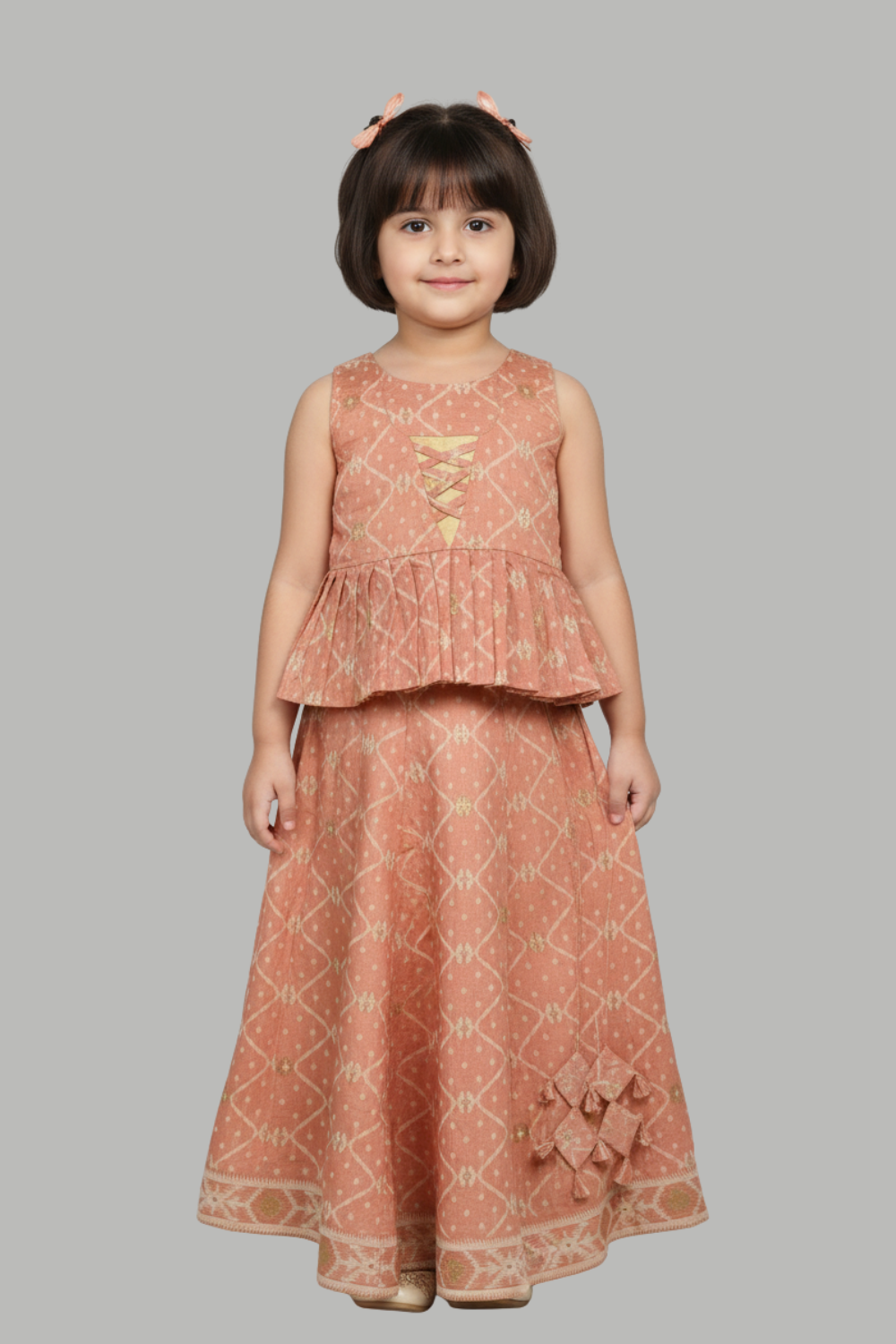 Chittythalli Girls’ Ethnic Pavadai Set – Chanderi Jamdani Peplum Top with Criss-Cross Cording & Kali Skirt | Traditional Festive Wear for Girls - PS91
