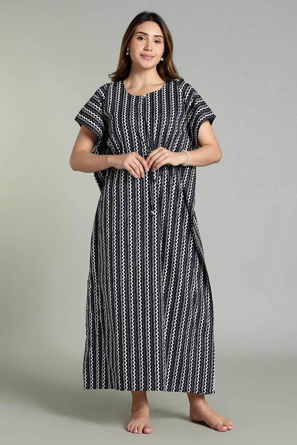 Naidu Hall Women’s Full-Length Kaftan Nighty – V-Slit Keyhole Neck, Elastic Waist & Short Sleeves - Black - NA29 - Naidu Hall Family Store