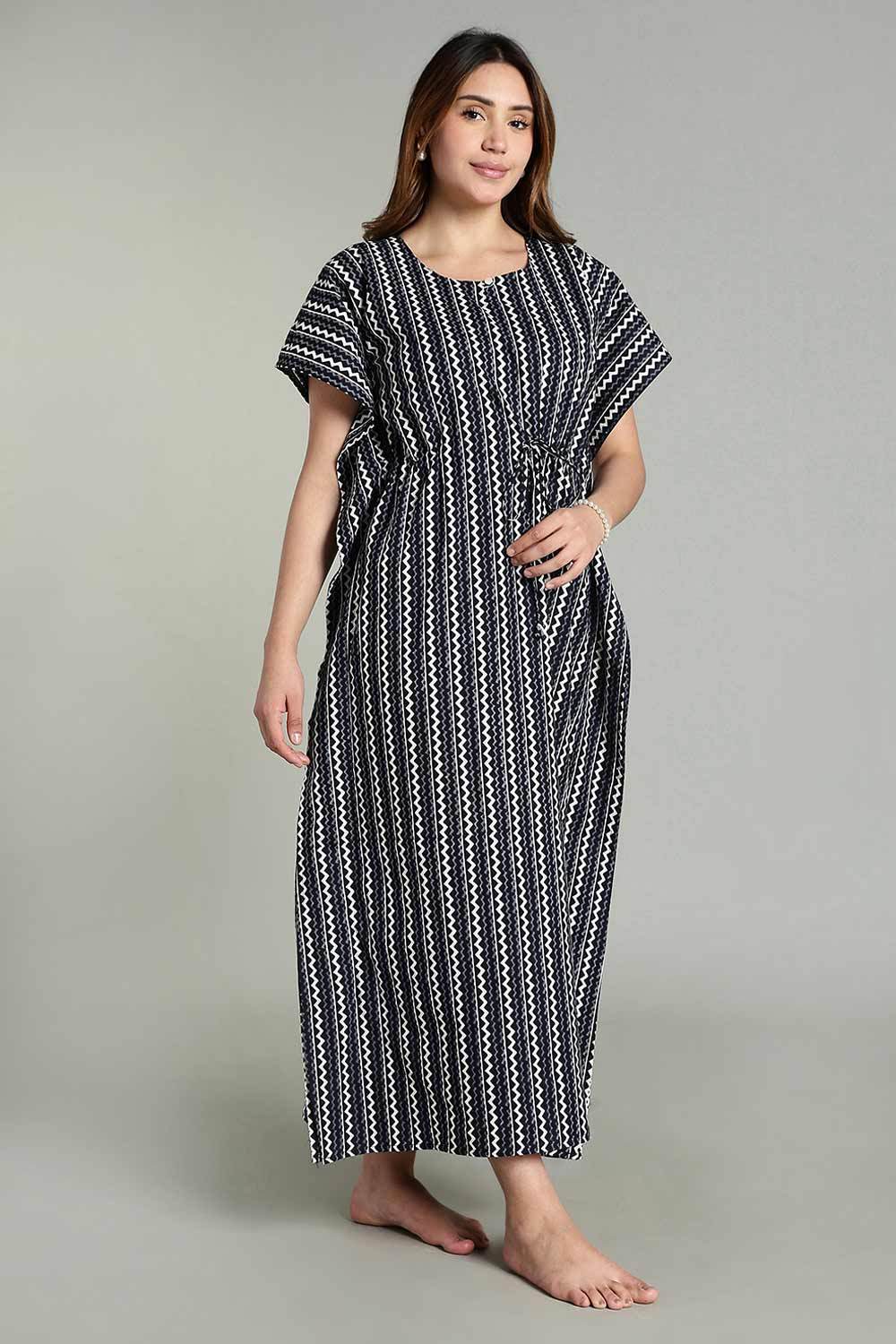 Naidu Hall Women’s Full-Length Kaftan Nighty – V-Slit Keyhole Neck, Elastic Waist & Short Sleeves - Black - NA29 - Naidu Hall Family Store