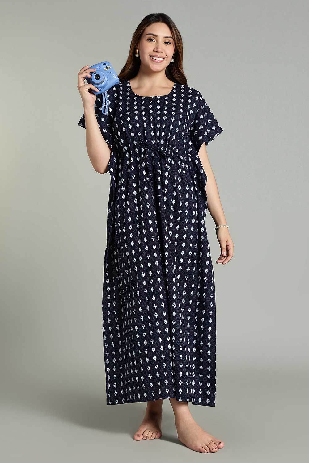 Naidu Hall Women’s Full-Length Kaftan Nighty – V-Slit Keyhole Neck, Elastic Waist & Short Sleeves - Navy Blue - NA30 - Naidu Hall Family Store