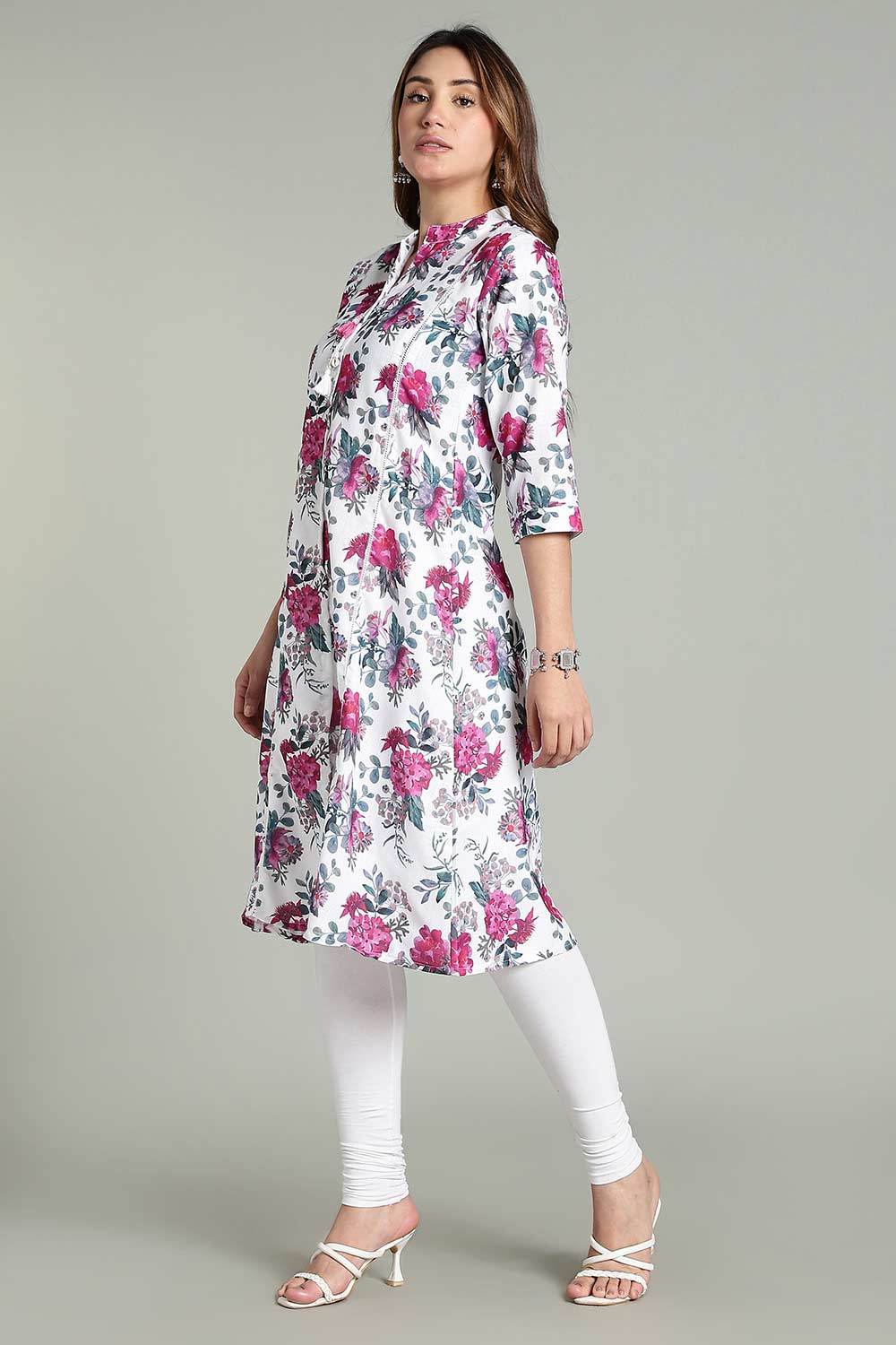 Mythri Women’s Printed Casual Kurta – Henley Neck with Tassels 3/4 Sleeves & Below-Knee Length - White - KA01 - Naidu Hall Family Store