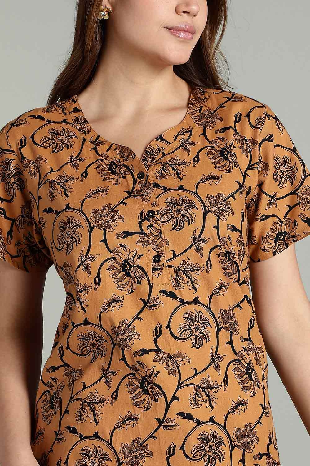 Naidu Hall Women’s Daily Wear A-Line Nighty – Short Sleeves with Round Neck & Button Placket - Light Brown - NA36 - Naidu Hall Family Store