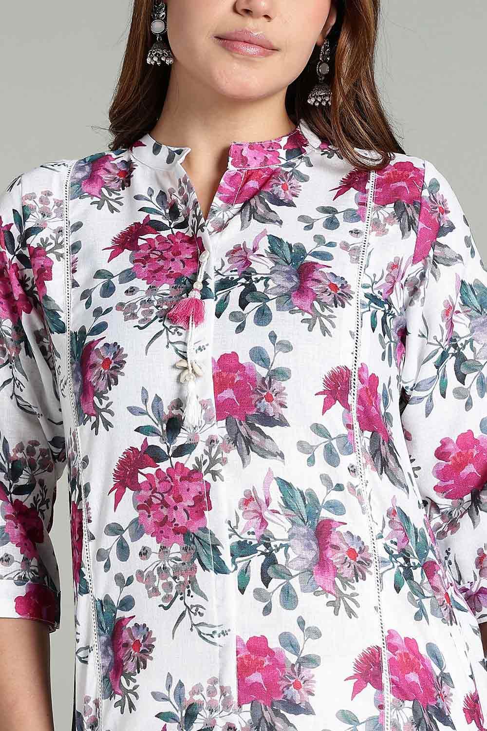 Mythri Women’s Printed Casual Kurta – Henley Neck with Tassels 3/4 Sleeves & Below-Knee Length - White - KA01 - Naidu Hall Family Store