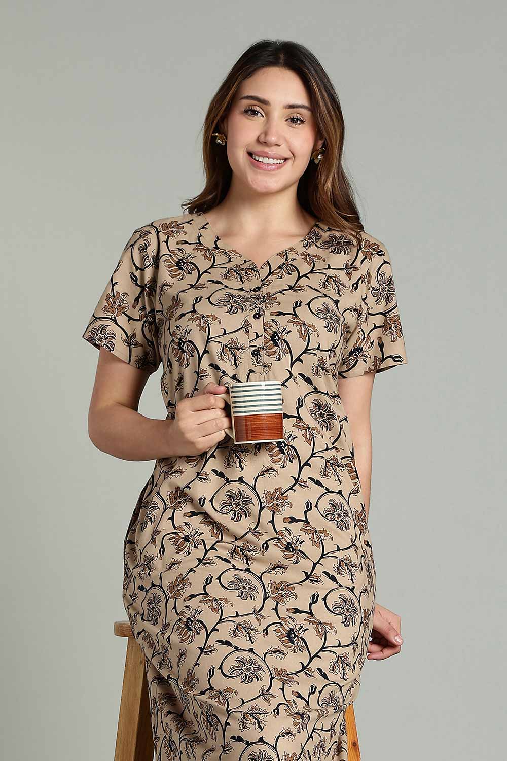 Naidu Hall Women’s Daily Wear A-Line Nighty – Short Sleeves with Round Neck & Button Placket - Mustard - NA36
