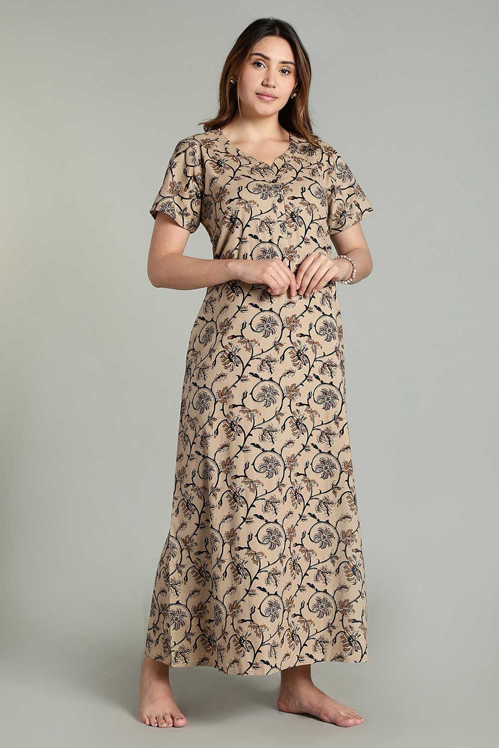 Naidu Hall Women’s Daily Wear A-Line Nighty – Short Sleeves with Round Neck & Button Placket - Mustard - NA36