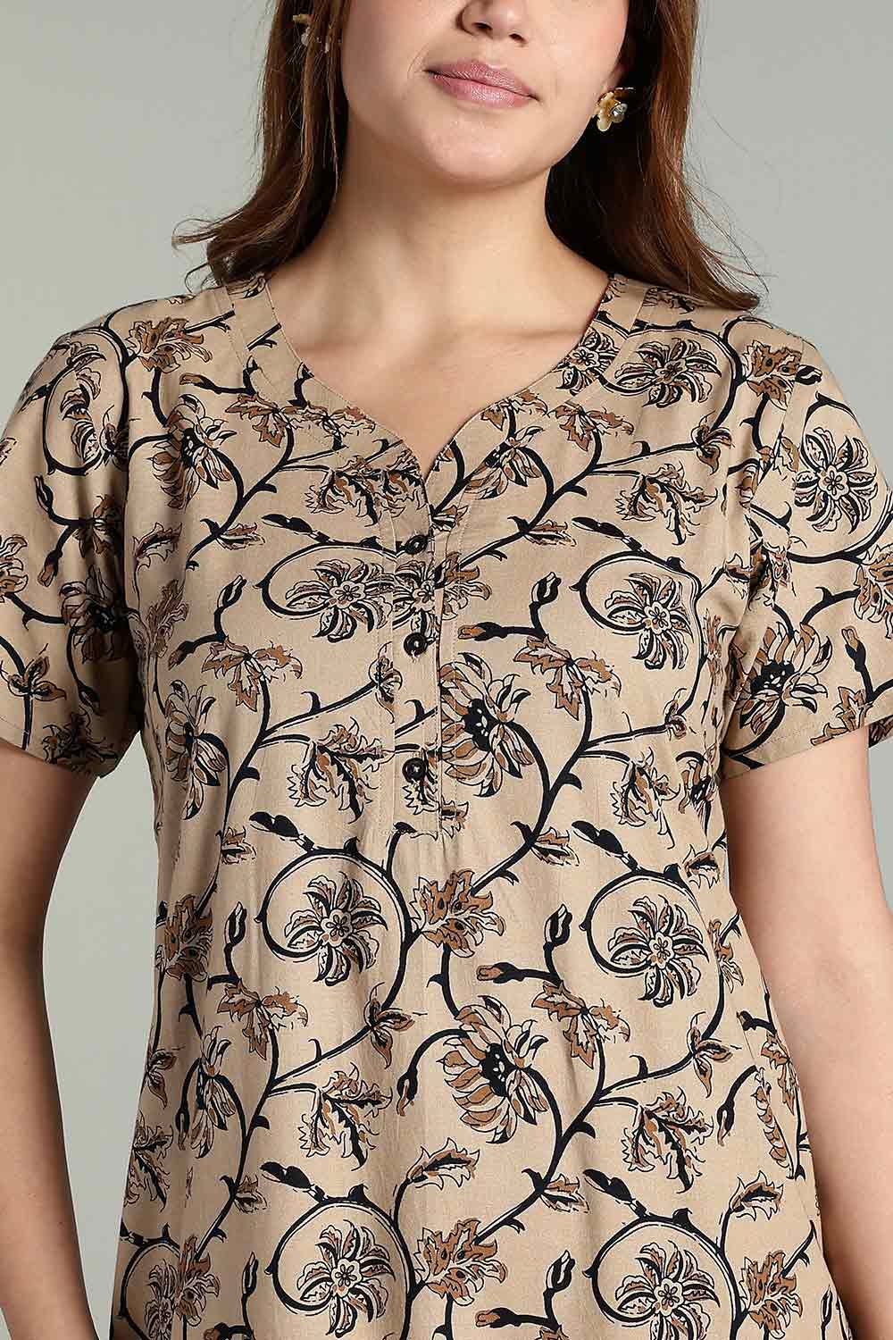 Naidu Hall Women’s Daily Wear A-Line Nighty – Short Sleeves with Round Neck & Button Placket - Mustard - NA36