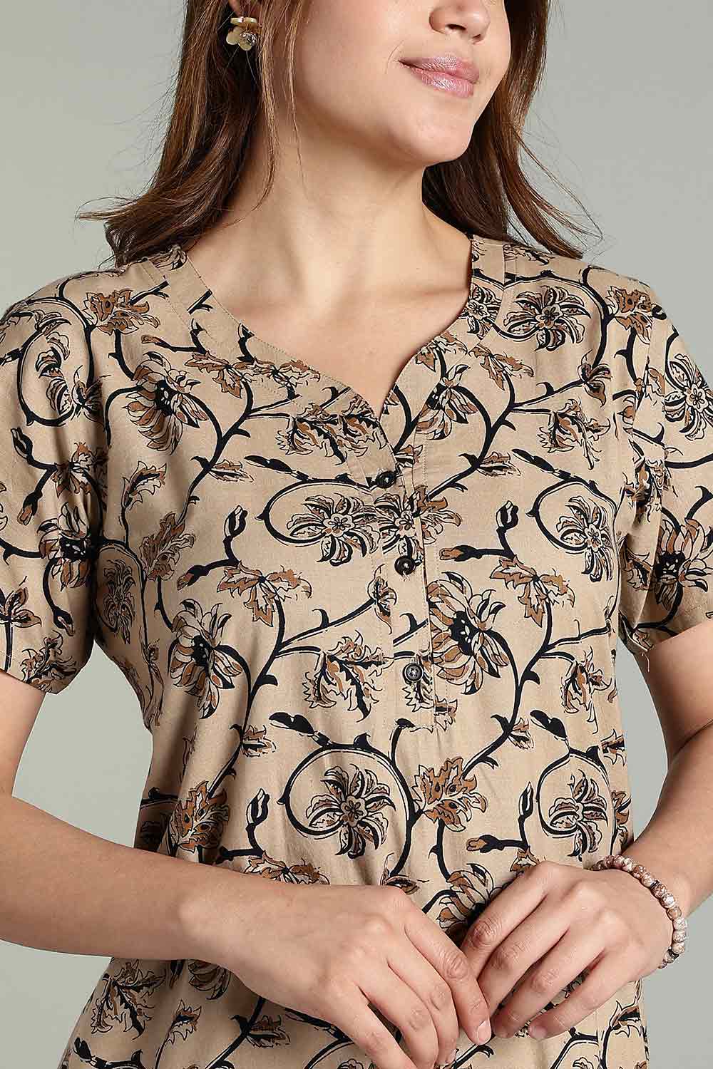 Naidu Hall Women’s Daily Wear A-Line Nighty – Short Sleeves with Round Neck & Button Placket - Mustard - NA36