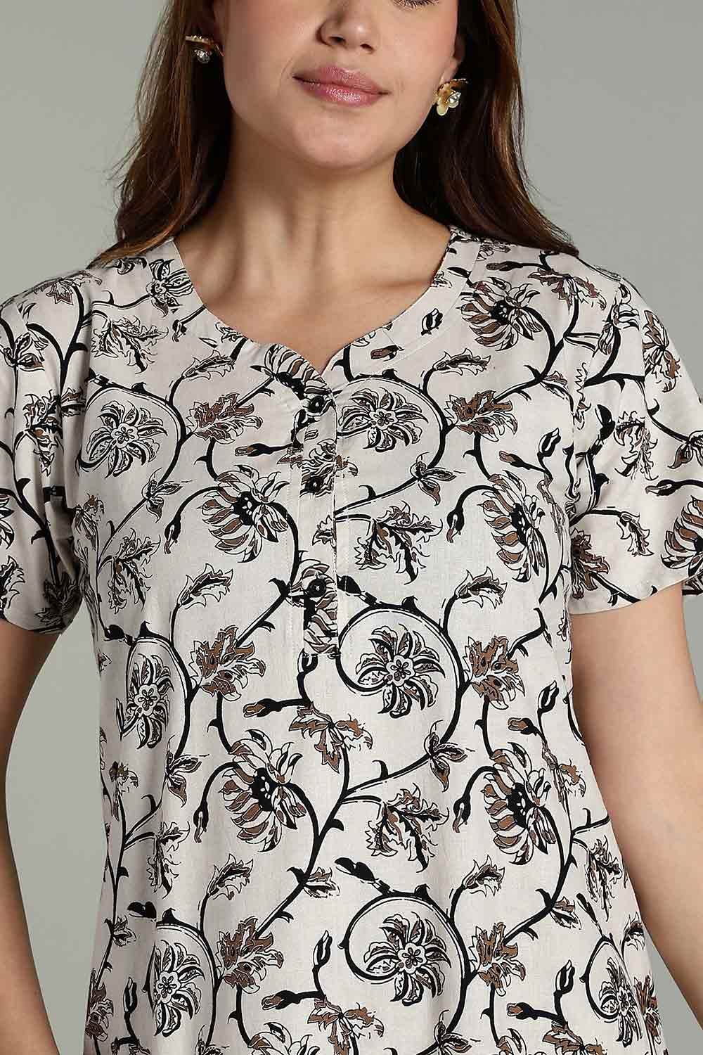 Naidu Hall Women’s Daily Wear A-Line Nighty – Short Sleeves with Round Neck & Button Placket - White - NA36 - Naidu Hall Family Store