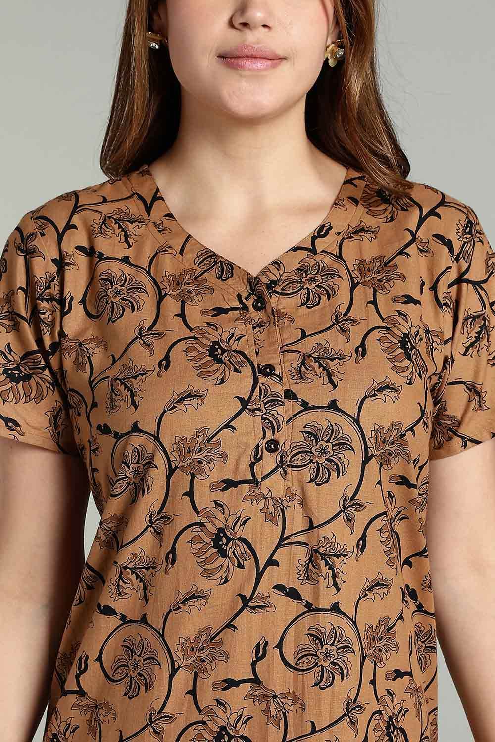 Naidu Hall Women’s Daily Wear A-Line Nighty – Short Sleeves with Round Neck & Button Placket - Brown - NA36 - Naidu Hall Family Store