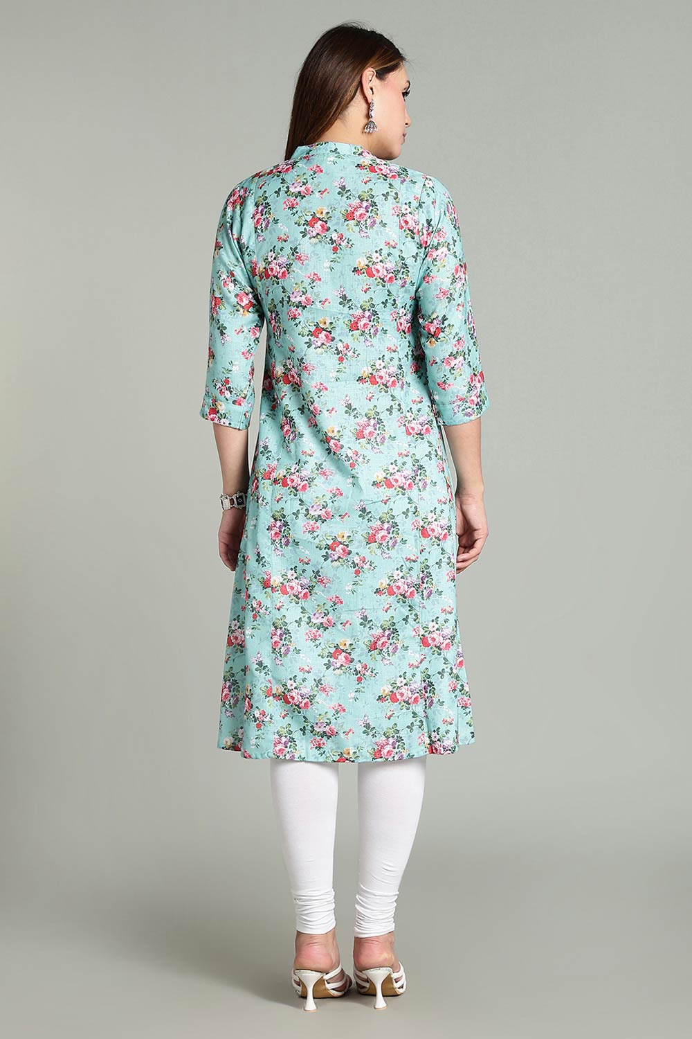 Mythri Women’s Printed Casual Kurta – Henley Neck with Tassels 3/4 Sleeves & Below-Knee Length - Light Blue - KA02