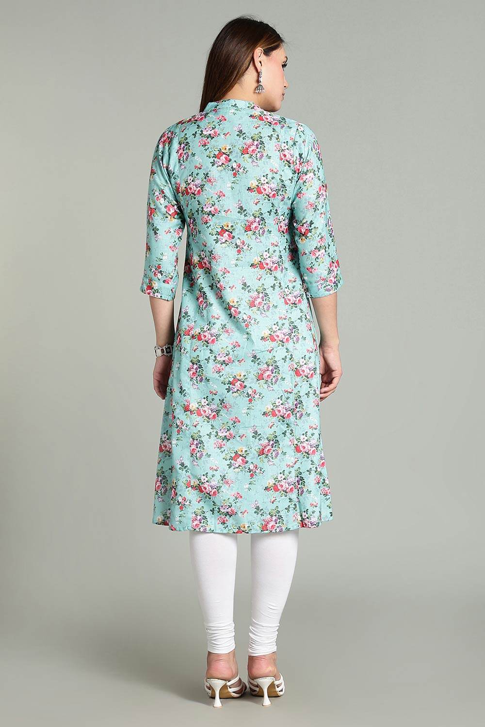 Mythri Women’s Printed Casual Kurta – Henley Neck with Tassels 3/4 Sleeves & Below-Knee Length - Light Blue - KA02 - Naidu Hall Family Store