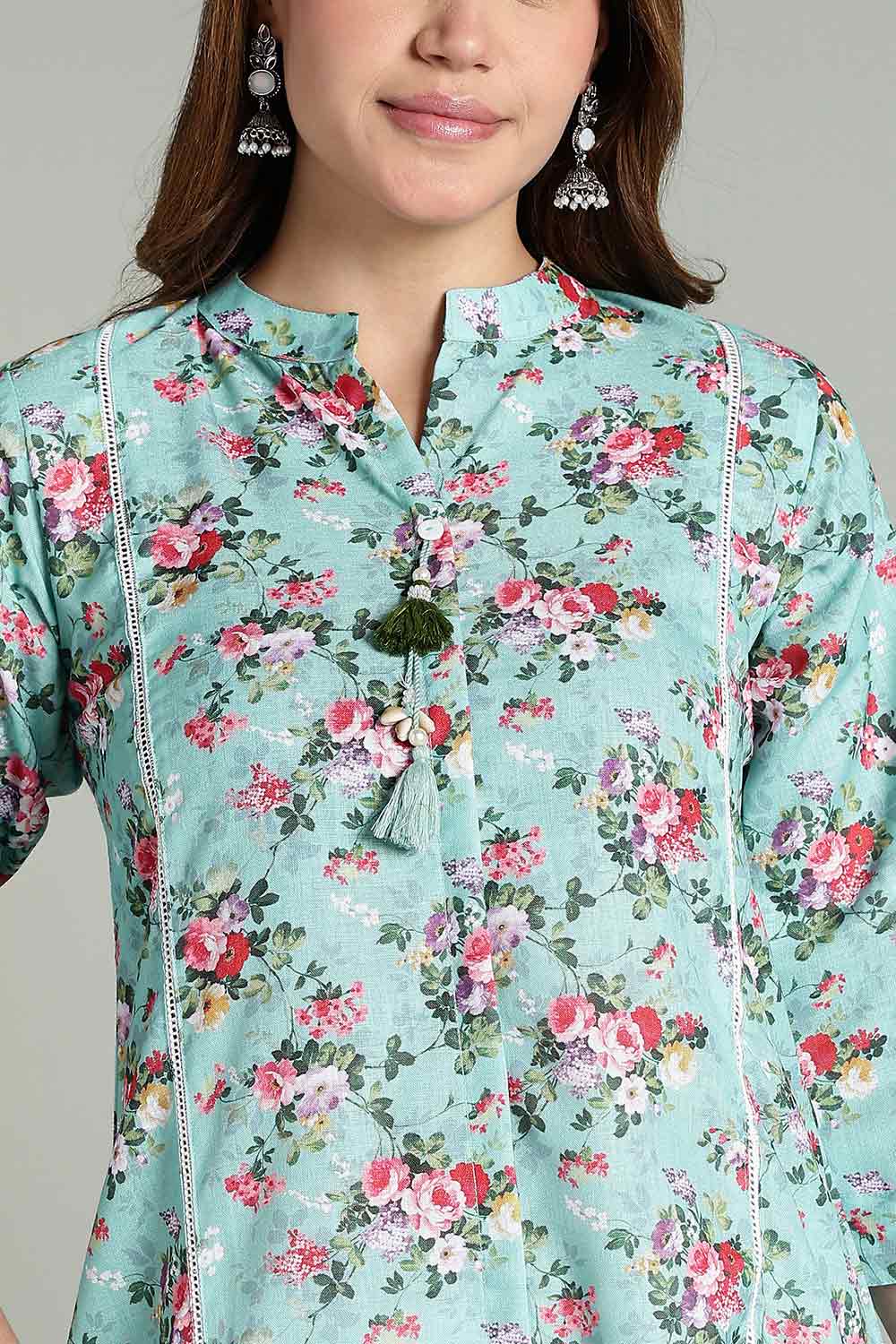 Mythri Women’s Printed Casual Kurta – Henley Neck with Tassels 3/4 Sleeves & Below-Knee Length - Light Blue - KA02