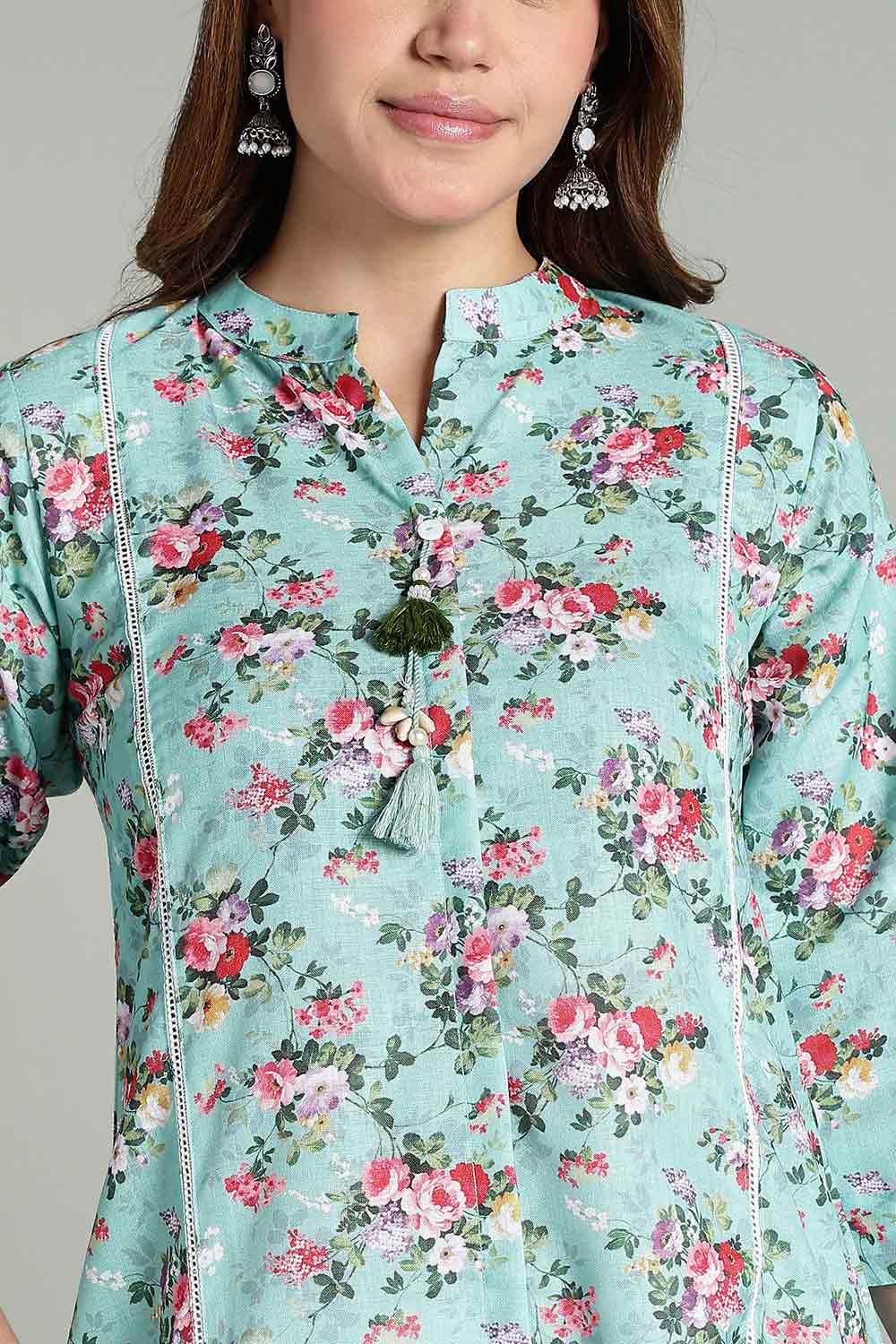 Mythri Women’s Printed Casual Kurta – Henley Neck with Tassels 3/4 Sleeves & Below-Knee Length - Light Blue - KA02 - Naidu Hall Family Store