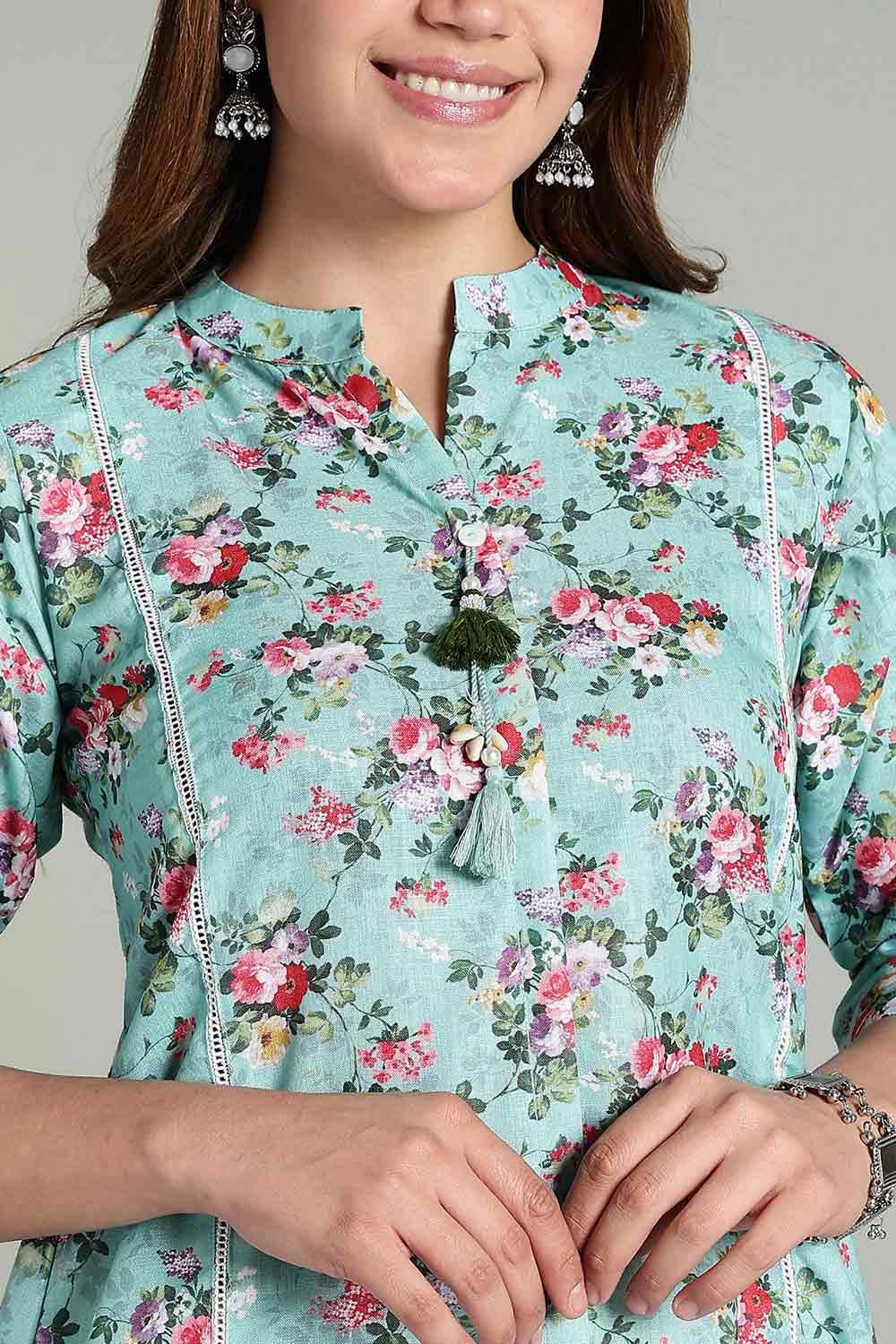 Mythri Women’s Printed Casual Kurta – Henley Neck with Tassels 3/4 Sleeves & Below-Knee Length - Light Blue - KA02