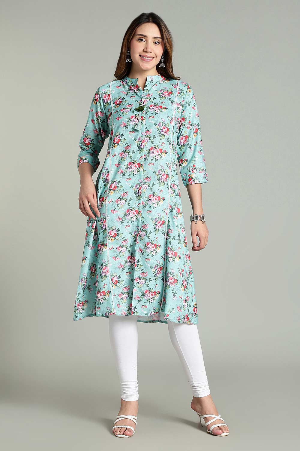 Mythri Women’s Printed Casual Kurta – Henley Neck with Tassels 3/4 Sleeves & Below-Knee Length - Light Blue - KA02