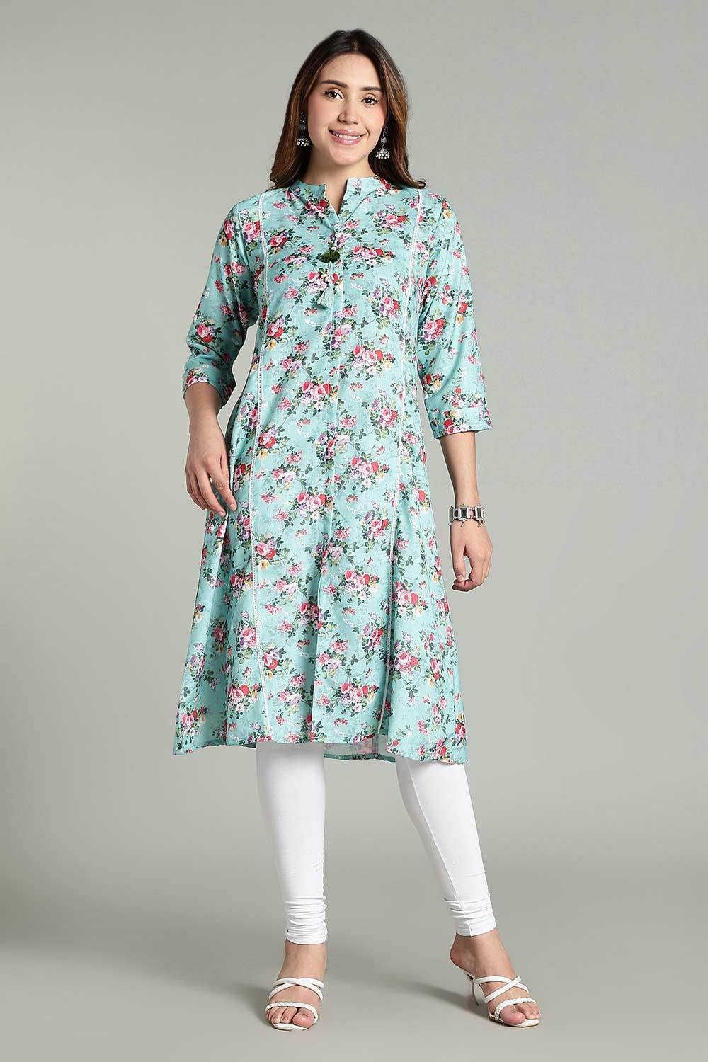 Mythri Women’s Printed Casual Kurta – Henley Neck with Tassels 3/4 Sleeves & Below-Knee Length - Light Blue - KA02 - Naidu Hall Family Store