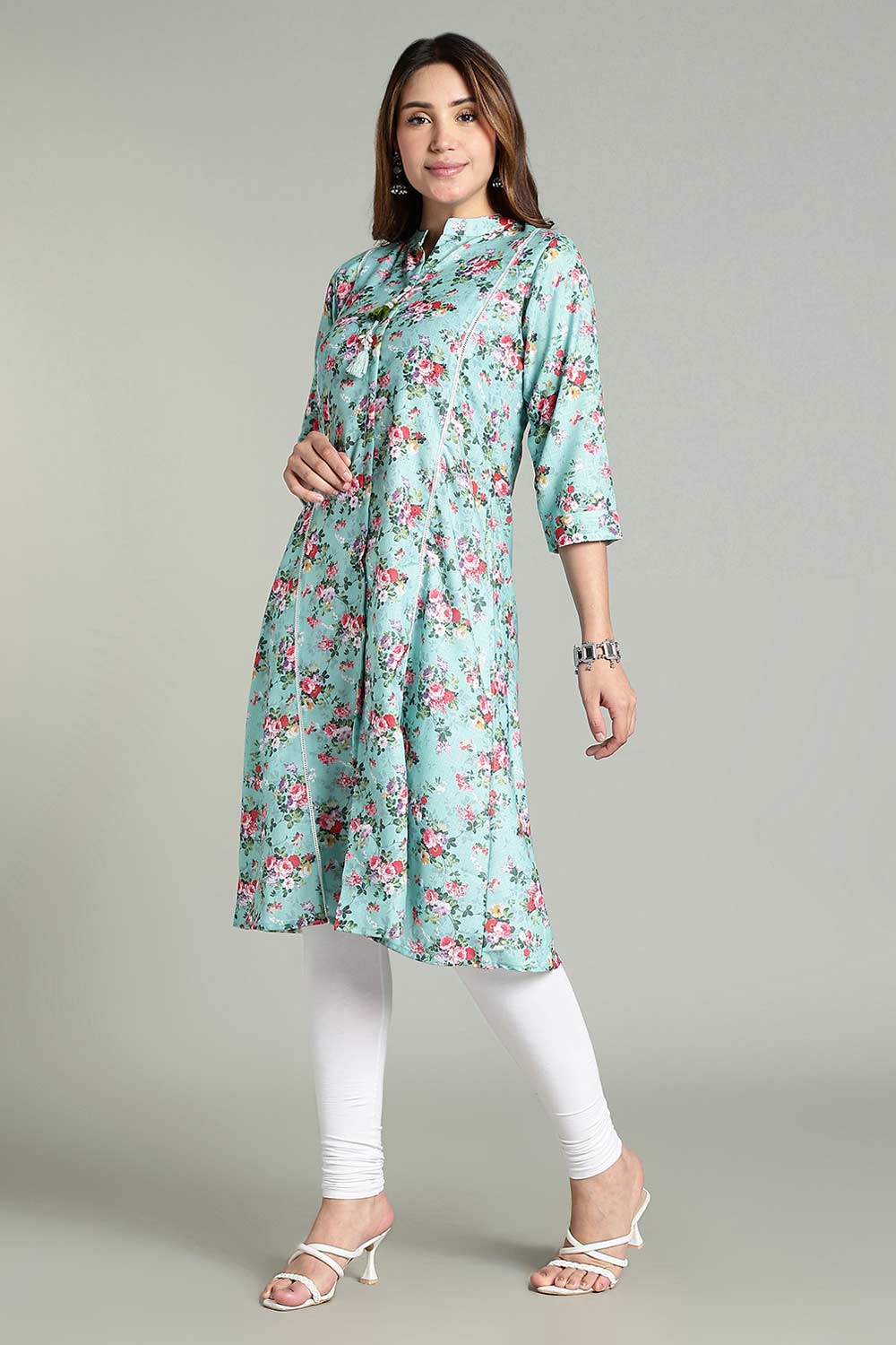 Mythri Women’s Printed Casual Kurta – Henley Neck with Tassels 3/4 Sleeves & Below-Knee Length - Light Blue - KA02