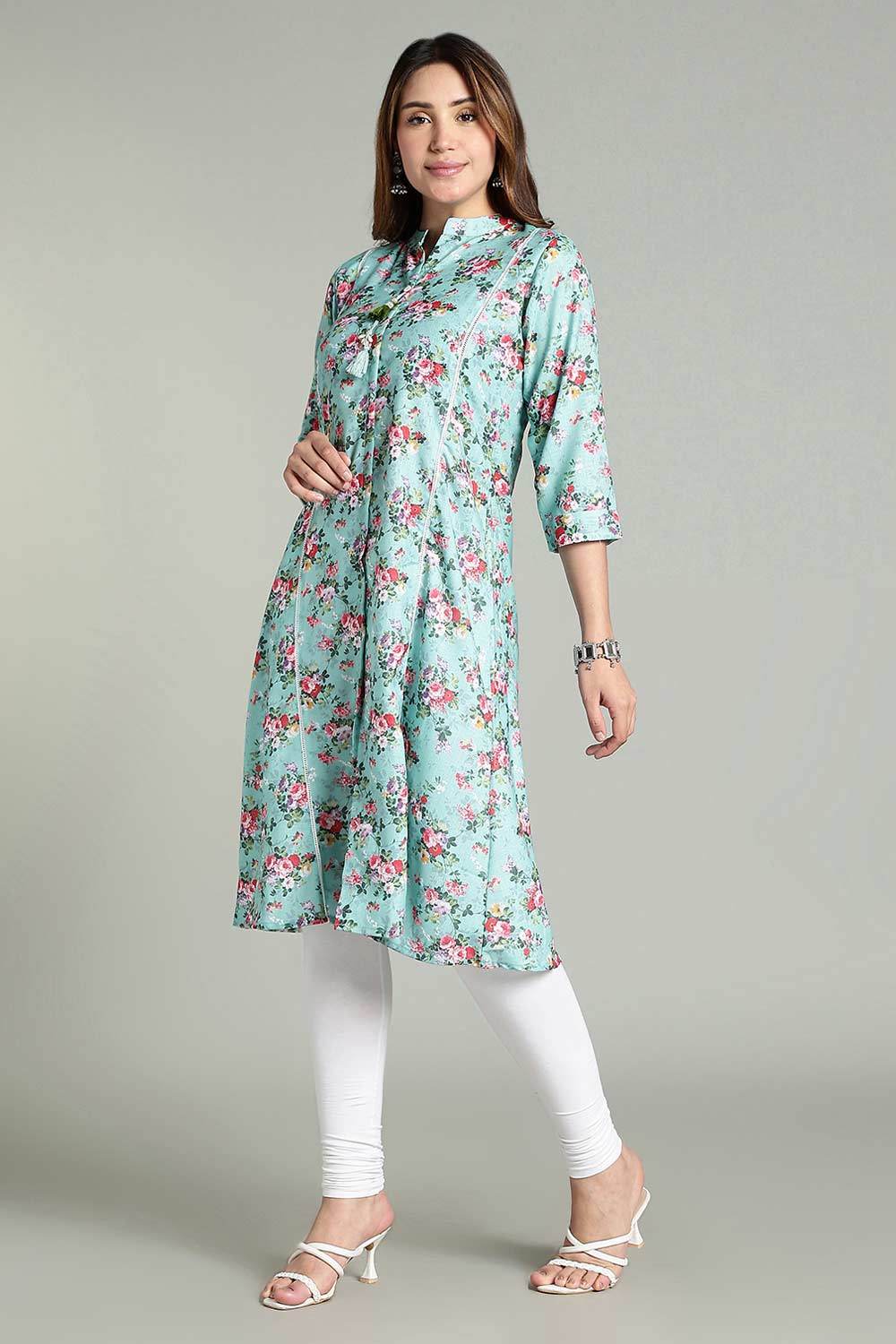 Mythri Women’s Printed Casual Kurta – Henley Neck with Tassels 3/4 Sleeves & Below-Knee Length - Light Blue - KA02 - Naidu Hall Family Store