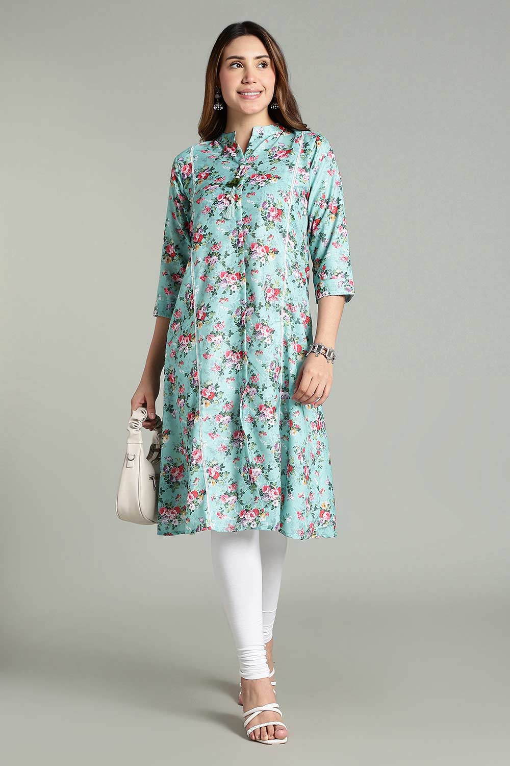Mythri Women’s Printed Casual Kurta – Henley Neck with Tassels 3/4 Sleeves & Below-Knee Length - Light Blue - KA02