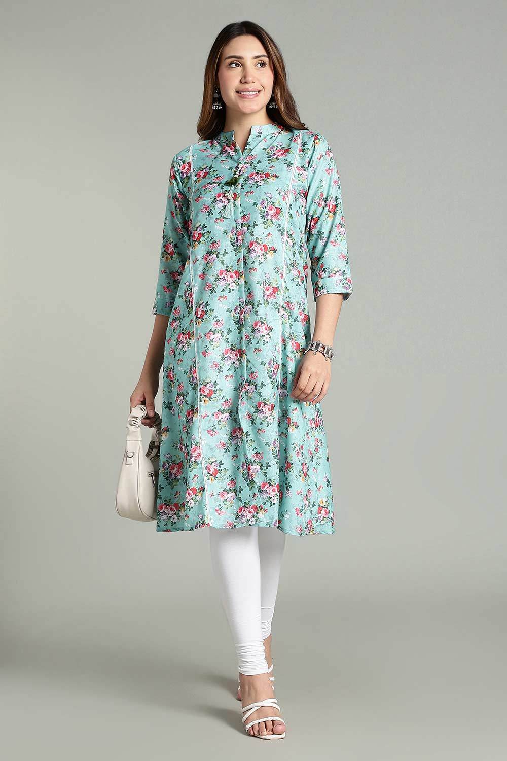 Mythri Women’s Printed Casual Kurta – Henley Neck with Tassels 3/4 Sleeves & Below-Knee Length - Light Blue - KA02 - Naidu Hall Family Store