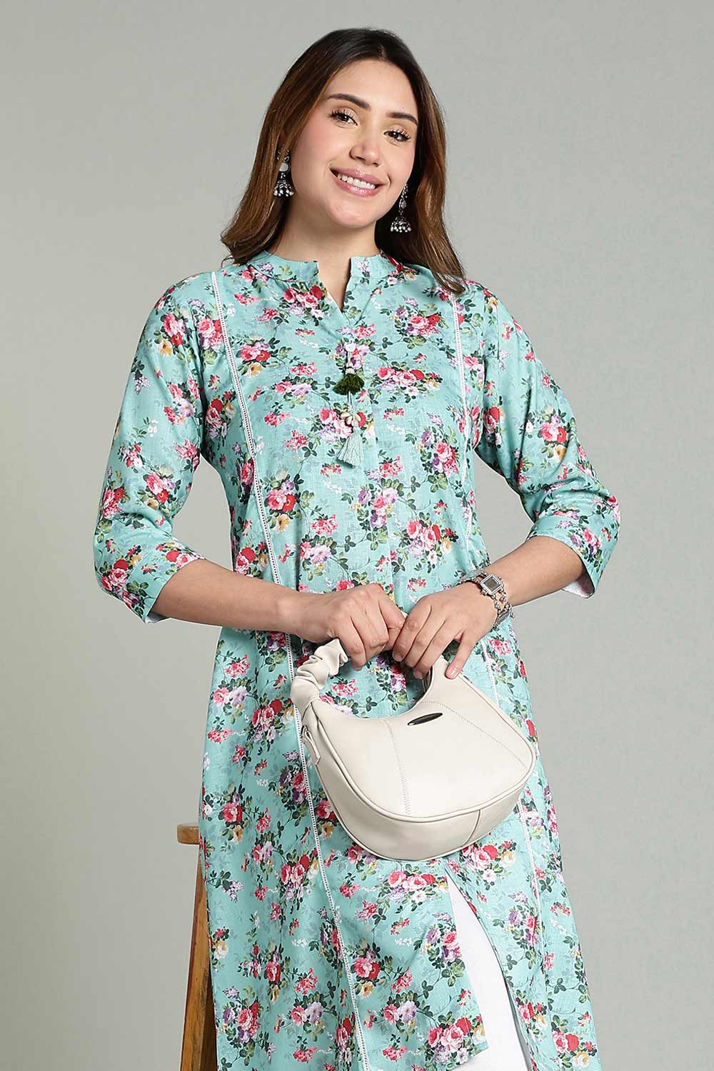 Mythri Women’s Printed Casual Kurta – Henley Neck with Tassels 3/4 Sleeves & Below-Knee Length - Light Blue - KA02