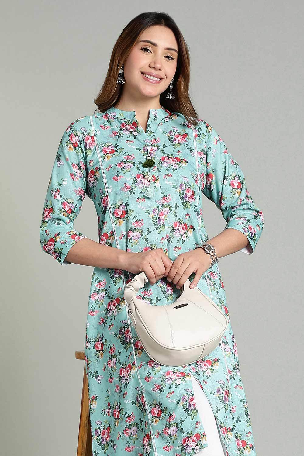 Mythri Women’s Printed Casual Kurta – Henley Neck with Tassels 3/4 Sleeves & Below-Knee Length - Light Blue - KA02 - Naidu Hall Family Store