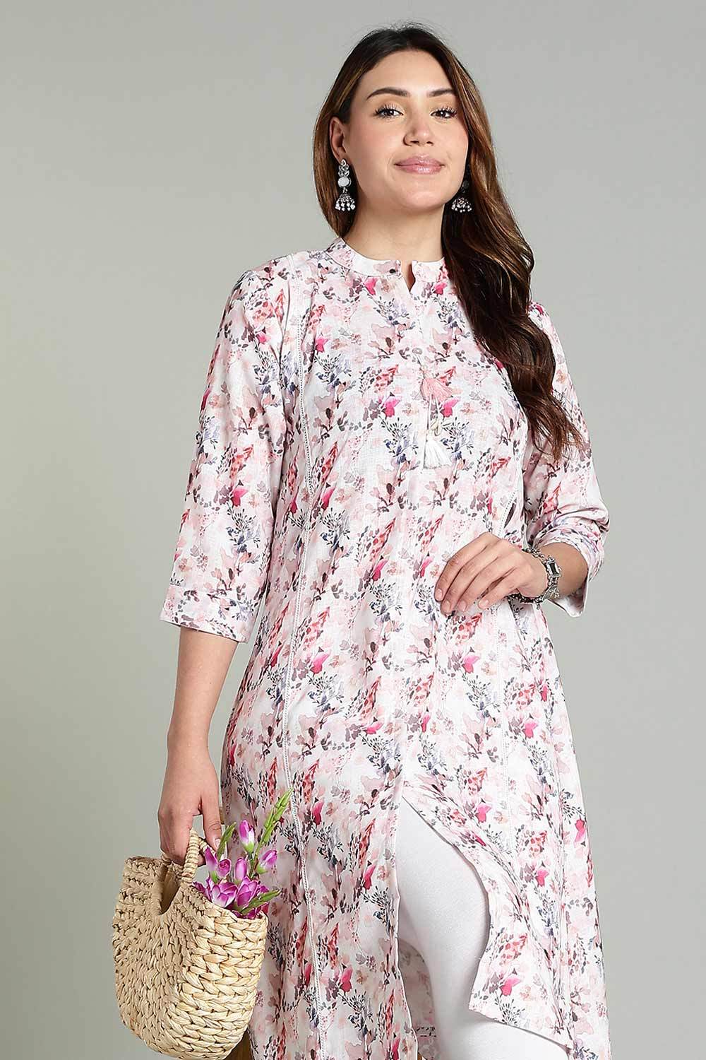Mythri Women’s Printed Casual Kurta – Henley Neck with Tassels 3/4 Sleeves & Below-Knee Length - Peach - KA03 - Naidu Hall Family Store