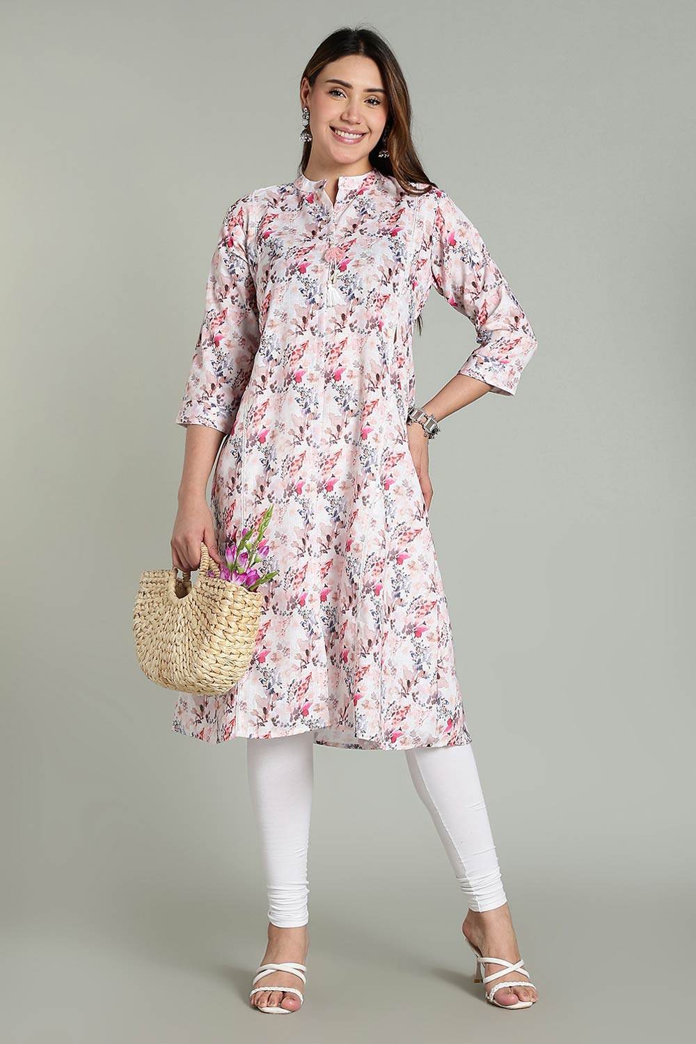 Mythri Women’s Printed Casual Kurta – Henley Neck with Tassels 3/4 Sleeves & Below-Knee Length - Peach - KA03 - Naidu Hall Family Store
