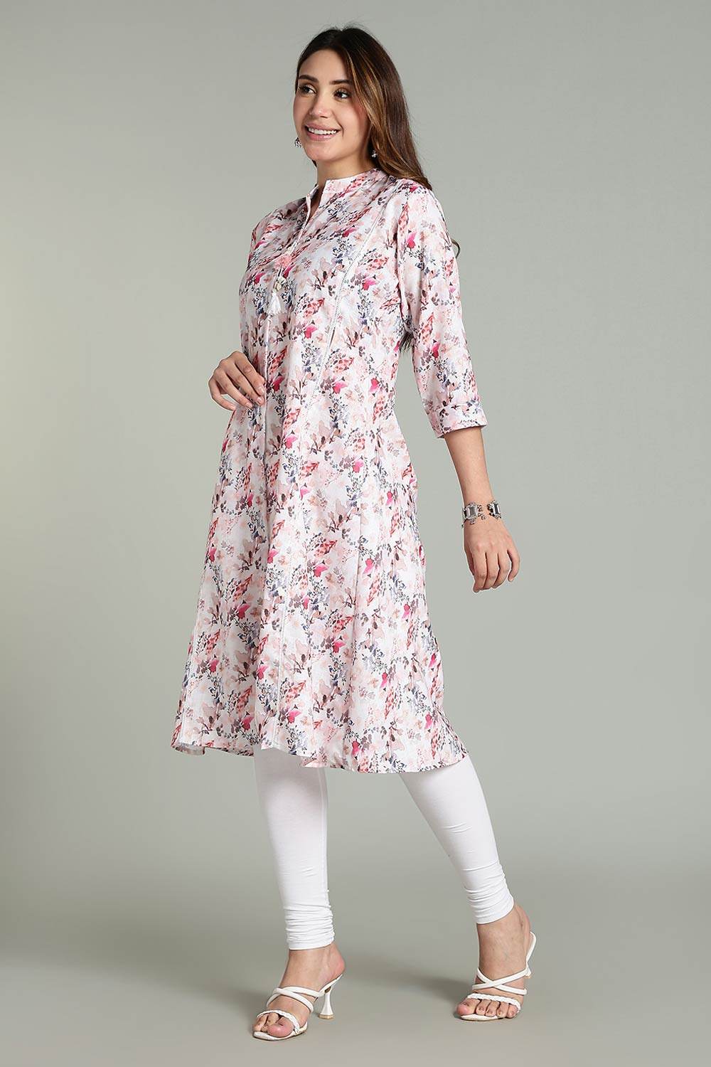 Mythri Women’s Printed Casual Kurta – Henley Neck with Tassels 3/4 Sleeves & Below-Knee Length - Peach - KA03 - Naidu Hall Family Store