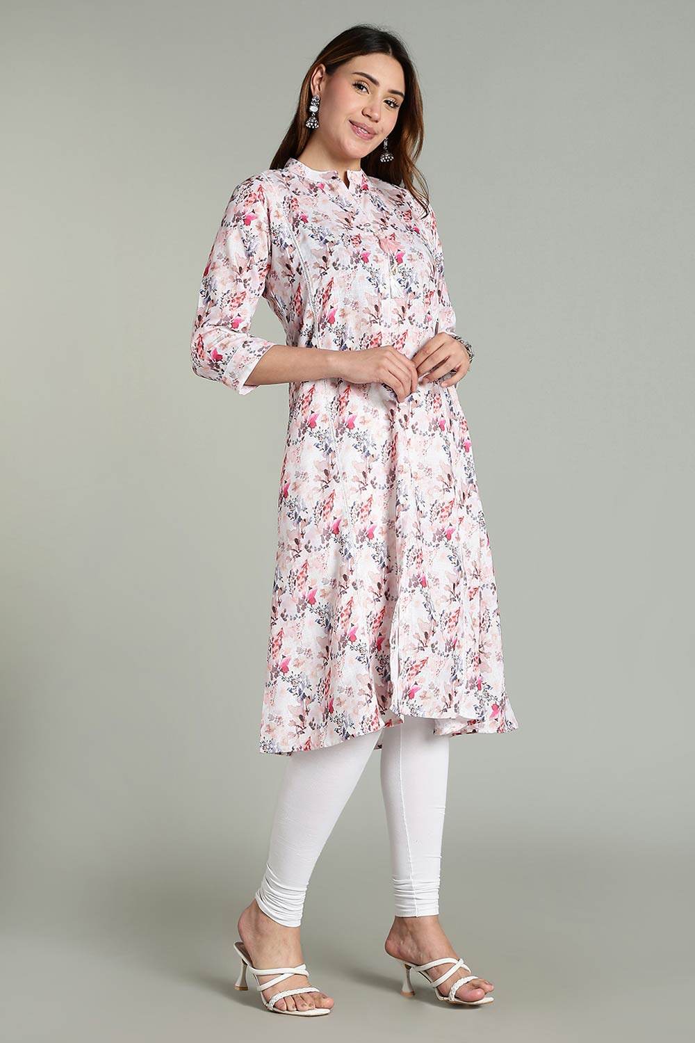 Mythri Women’s Printed Casual Kurta – Henley Neck with Tassels 3/4 Sleeves & Below-Knee Length - Peach - KA03 - Naidu Hall Family Store