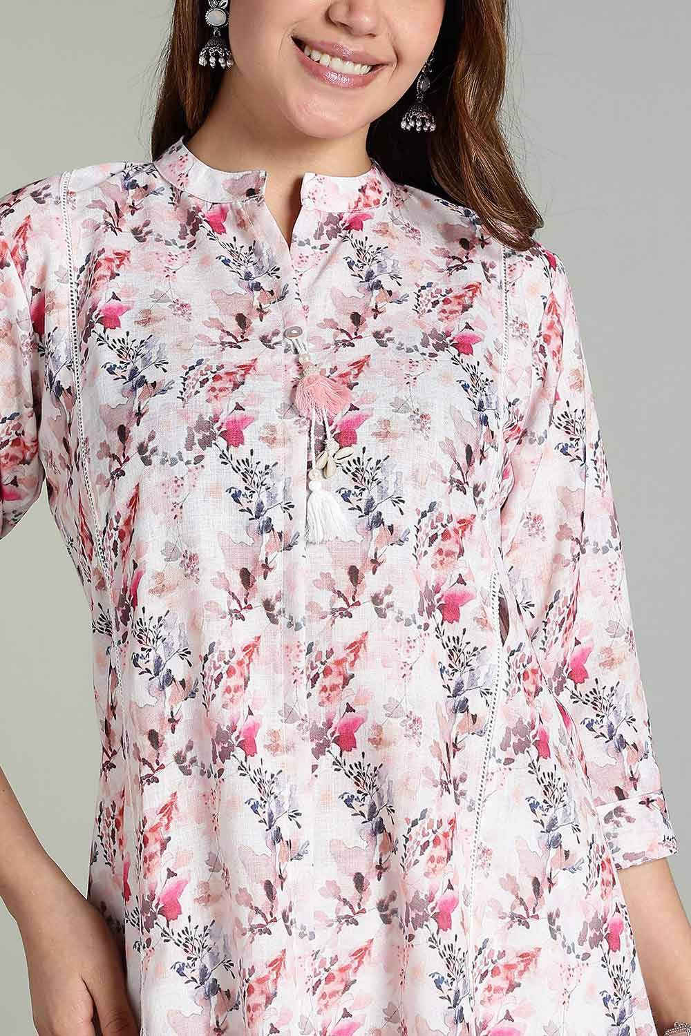 Mythri Women’s Printed Casual Kurta – Henley Neck with Tassels 3/4 Sleeves & Below-Knee Length - Peach - KA03 - Naidu Hall Family Store