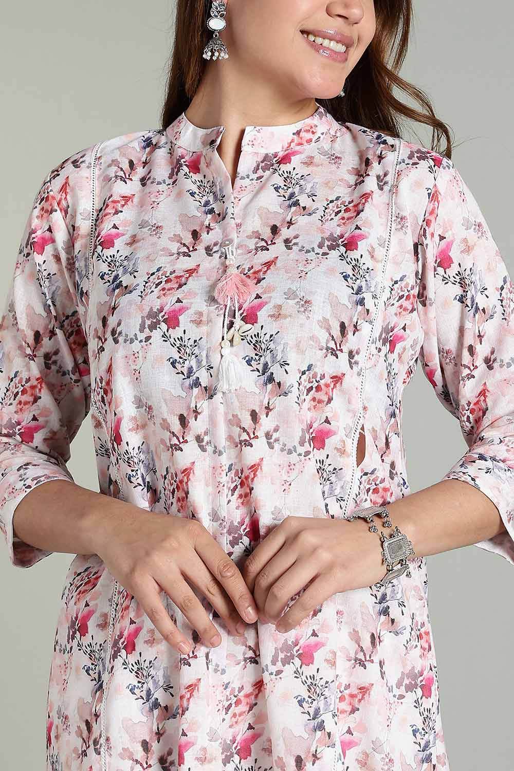 Mythri Women’s Printed Casual Kurta – Henley Neck with Tassels 3/4 Sleeves & Below-Knee Length - Peach - KA03 - Naidu Hall Family Store