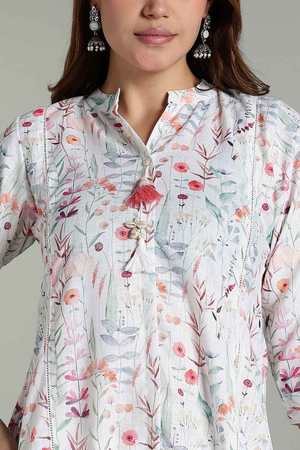 Mythri Women’s Printed Casual Kurta – Henley Neck with Tassels 3/4 Sleeves & Below-Knee Length - Off - White - KA04 - Naidu Hall Family Store