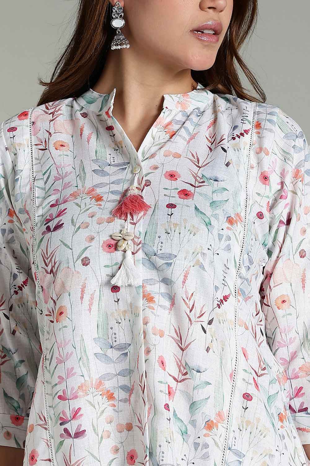 Mythri Women’s Printed Casual Kurta – Henley Neck with Tassels 3/4 Sleeves & Below-Knee Length - Off - White - KA04 - Naidu Hall Family Store
