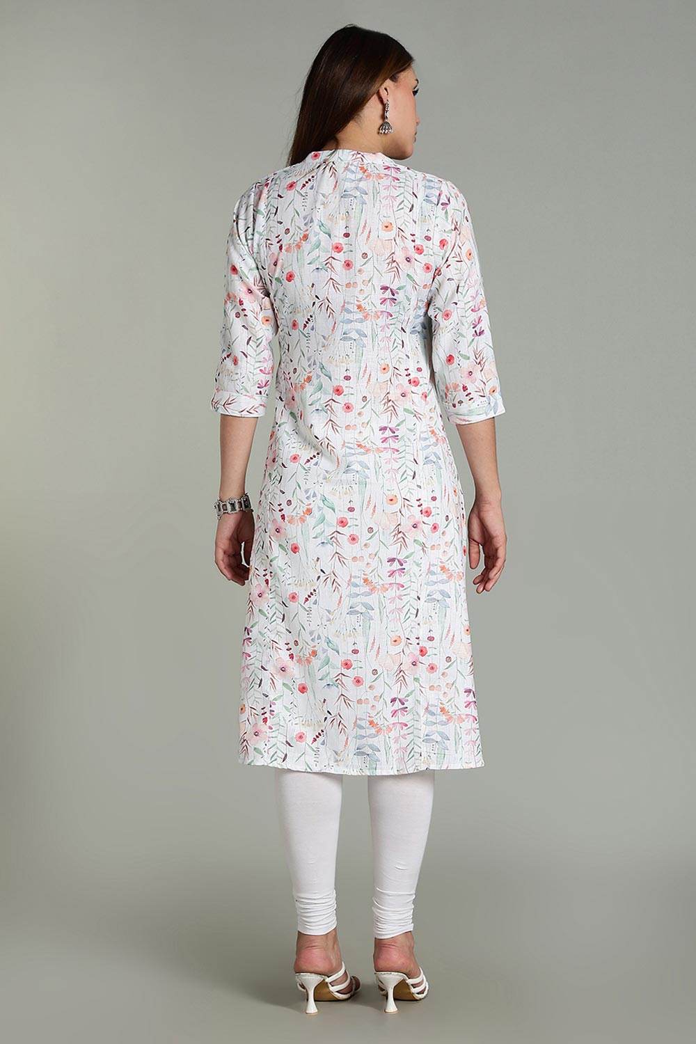 Mythri Women’s Printed Casual Kurta – Henley Neck with Tassels 3/4 Sleeves & Below-Knee Length - Off - White - KA04 - Naidu Hall Family Store