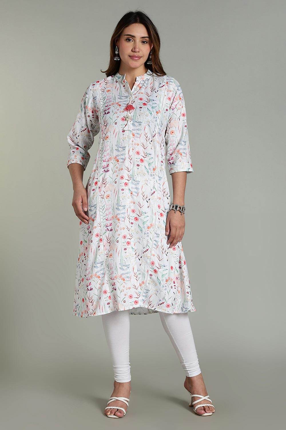 Mythri Women’s Printed Casual Kurta – Henley Neck with Tassels 3/4 Sleeves & Below-Knee Length - Off - White - KA04 - Naidu Hall Family Store