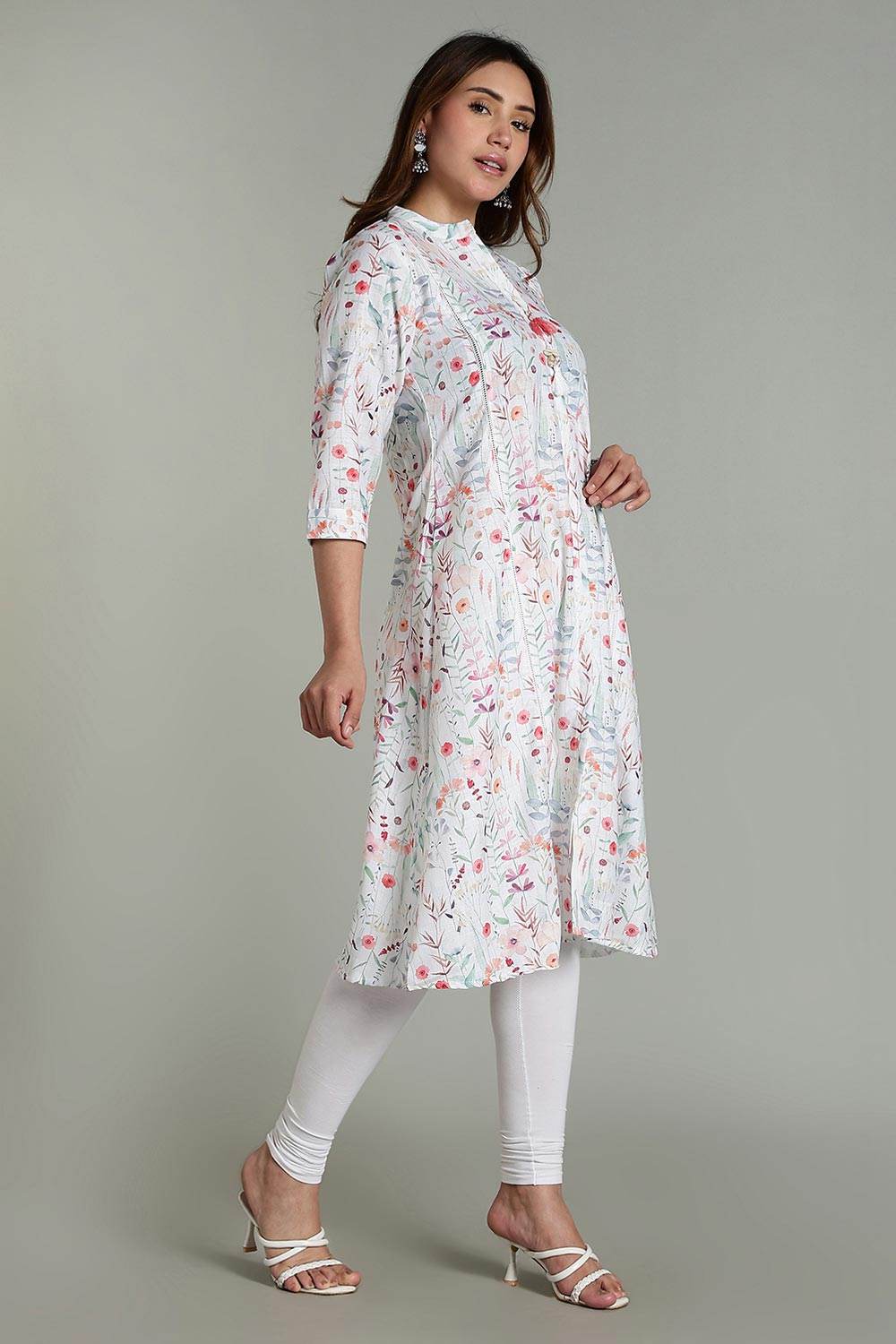 Mythri Women’s Printed Casual Kurta – Henley Neck with Tassels 3/4 Sleeves & Below-Knee Length - Off - White - KA04 - Naidu Hall Family Store