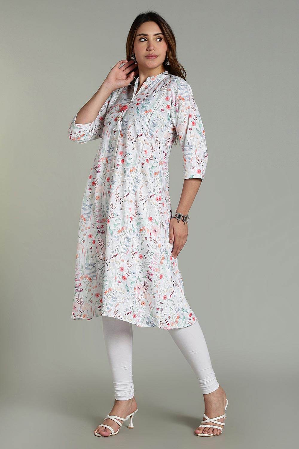Mythri Women’s Printed Casual Kurta – Henley Neck with Tassels 3/4 Sleeves & Below-Knee Length - Off - White - KA04 - Naidu Hall Family Store