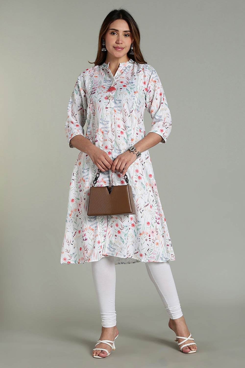 Mythri Women’s Printed Casual Kurta – Henley Neck with Tassels 3/4 Sleeves & Below-Knee Length - Off - White - KA04 - Naidu Hall Family Store