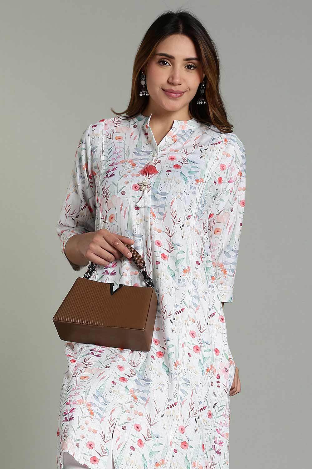 Mythri Women’s Printed Casual Kurta – Henley Neck with Tassels 3/4 Sleeves & Below-Knee Length - Off - White - KA04 - Naidu Hall Family Store