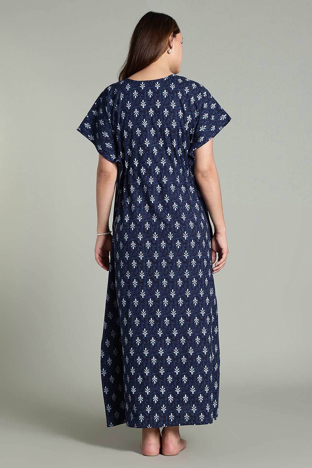 Naidu Hall Women’s Full-Length Kaftan Nighty – V-Slit Keyhole Neck, Elastic Waist & Short Sleeves - Indigo Blue - NA31 - Naidu Hall Family Store