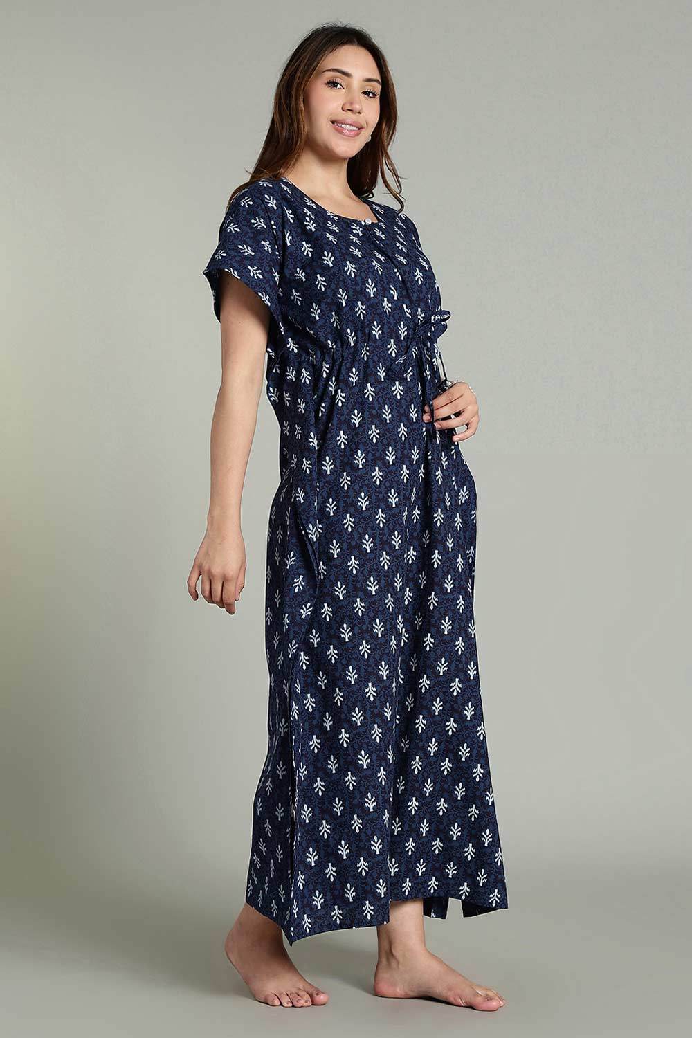 Naidu Hall Women’s Full-Length Kaftan Nighty – V-Slit Keyhole Neck, Elastic Waist & Short Sleeves - Indigo Blue - NA31 - Naidu Hall Family Store