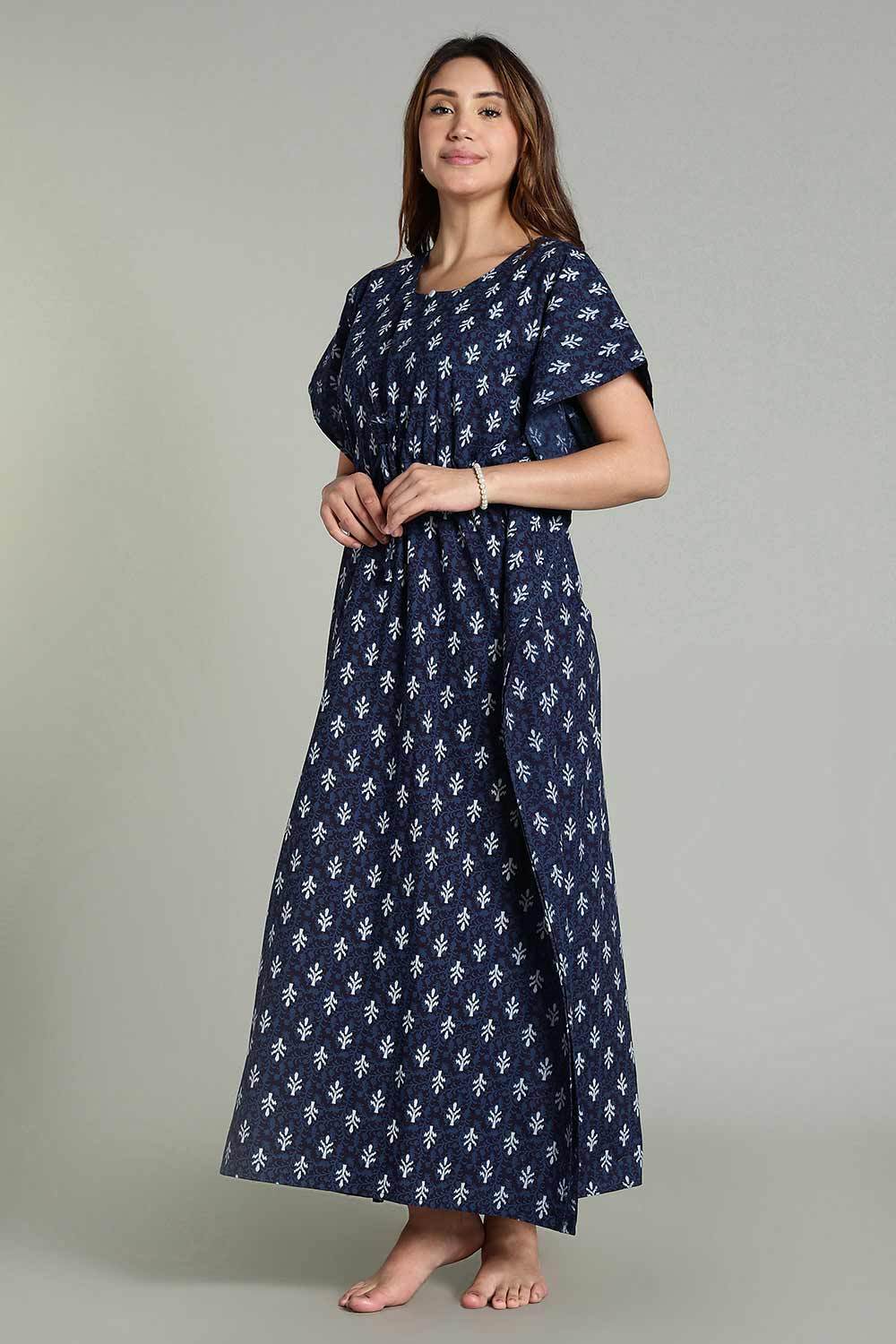 Naidu Hall Women’s Full-Length Kaftan Nighty – V-Slit Keyhole Neck, Elastic Waist & Short Sleeves - Indigo Blue - NA31 - Naidu Hall Family Store